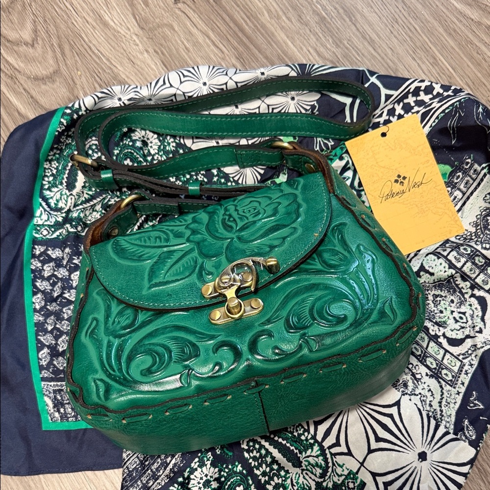 Patricia Nash Green Tooled Leather Crossbody Bag
